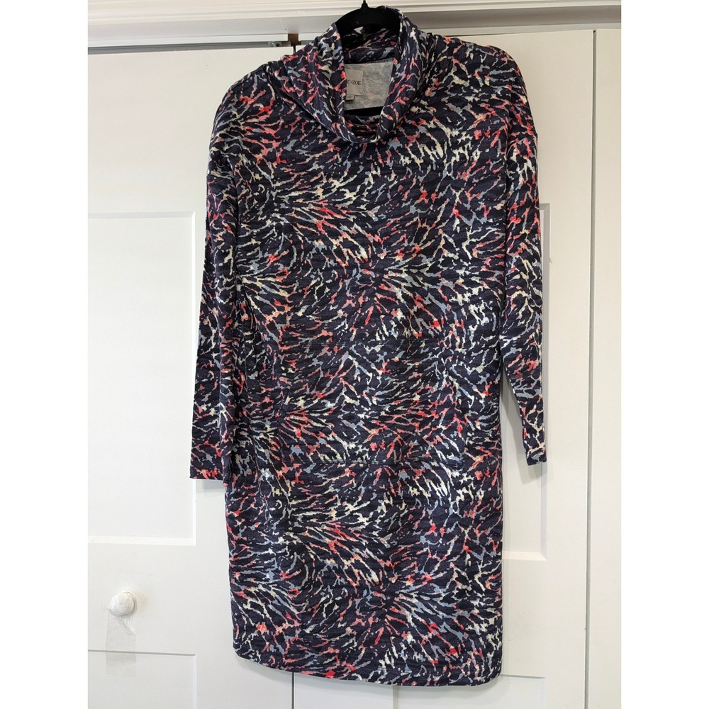 Nic+Zoe Womens Navy Coral Abstract Cowl Neck Long Sleeve Shift Dress Size S